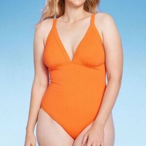 Shade & Shore Orange Ribbed Triangle One Piece Swimsuit Womens S/M/L NEW